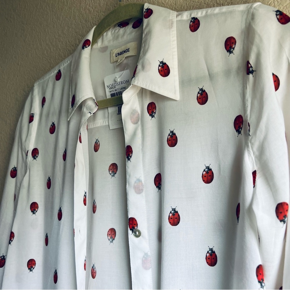 NWT L'Agence White Camille Ladybug Print Button-Up Shirt Size S - Picture 6 of 16